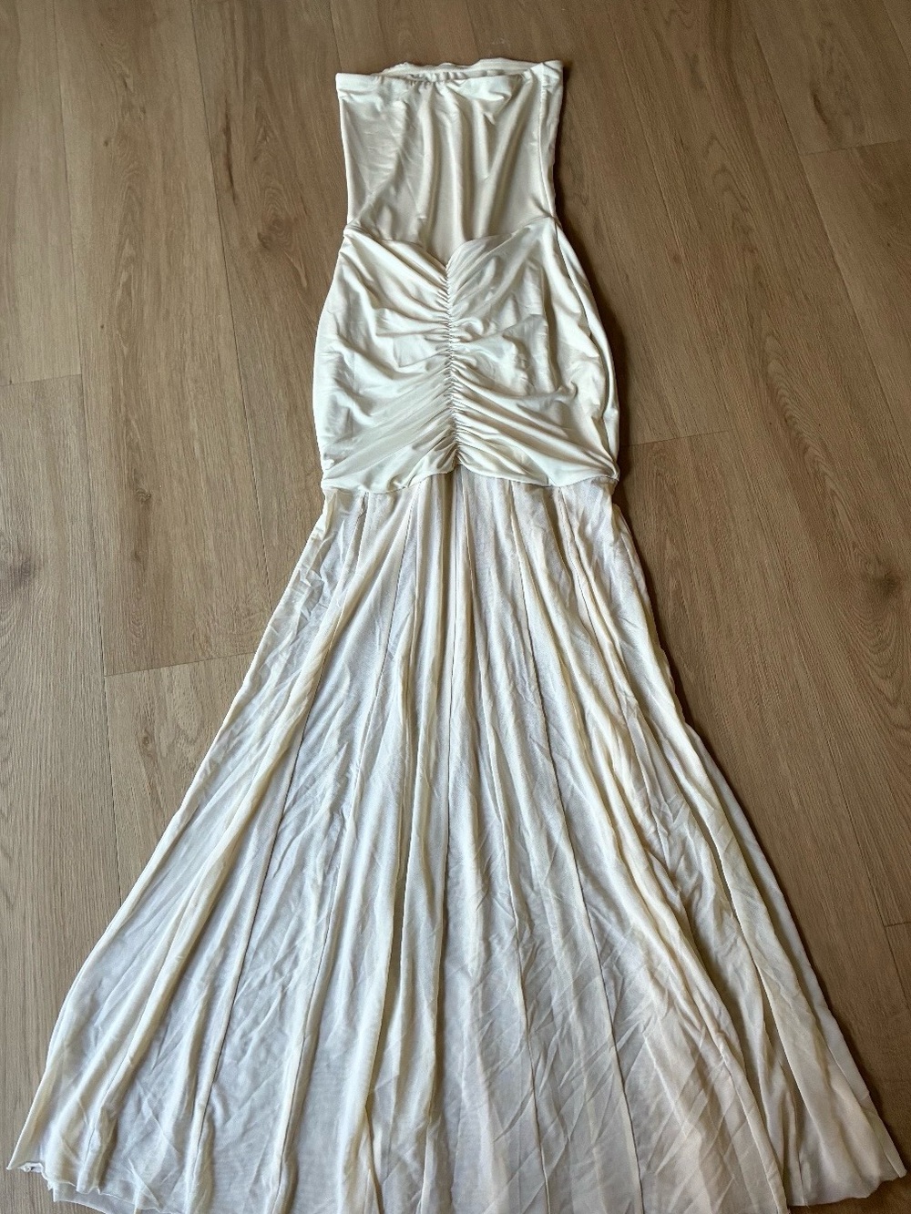 Meshki soft yellow Strapless Ruched Maxi Gown